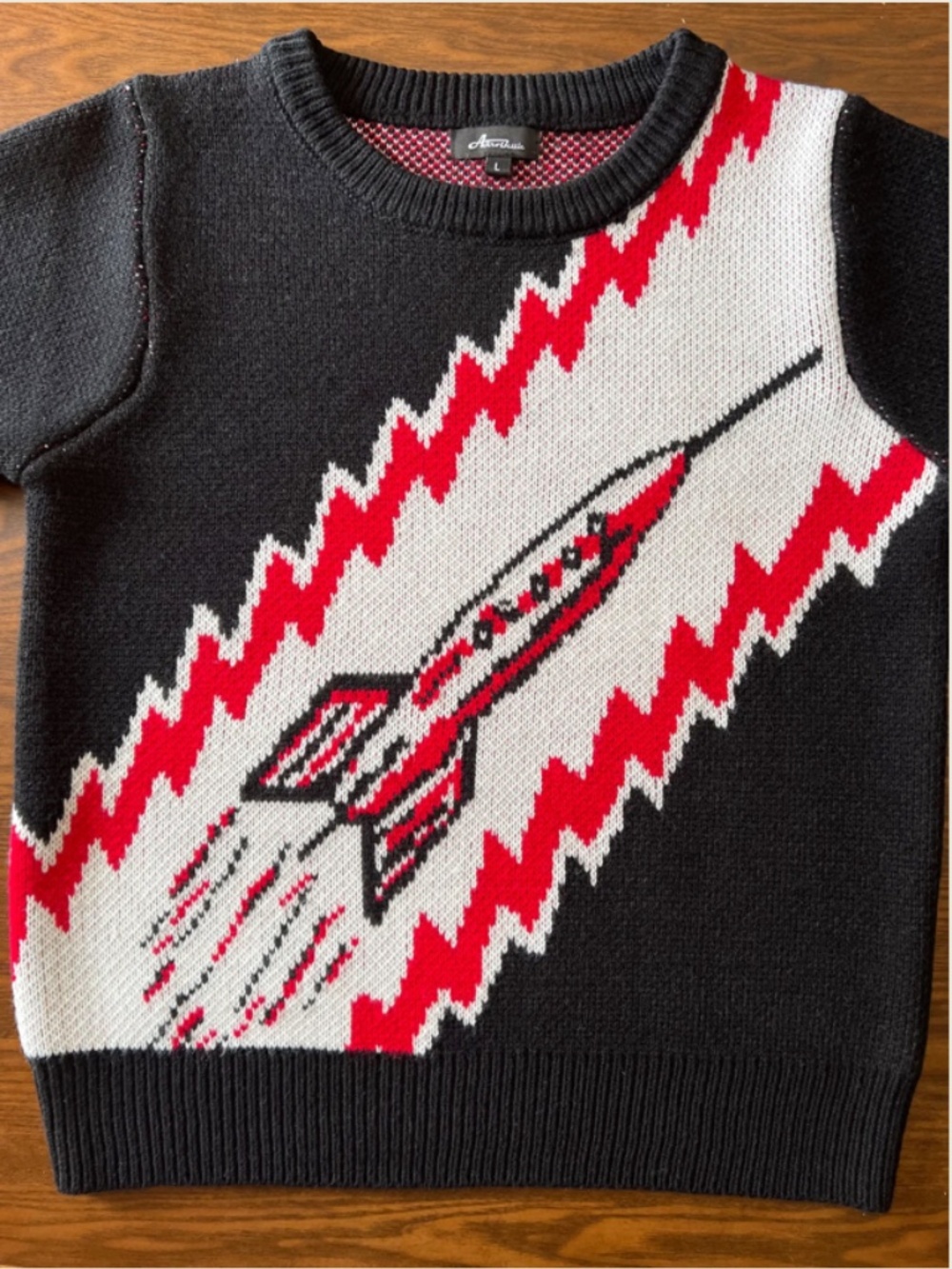 ASTRO BETTIE To the Moon Rocket Sweater Crew Neck Popover Thick Intarsia Knit